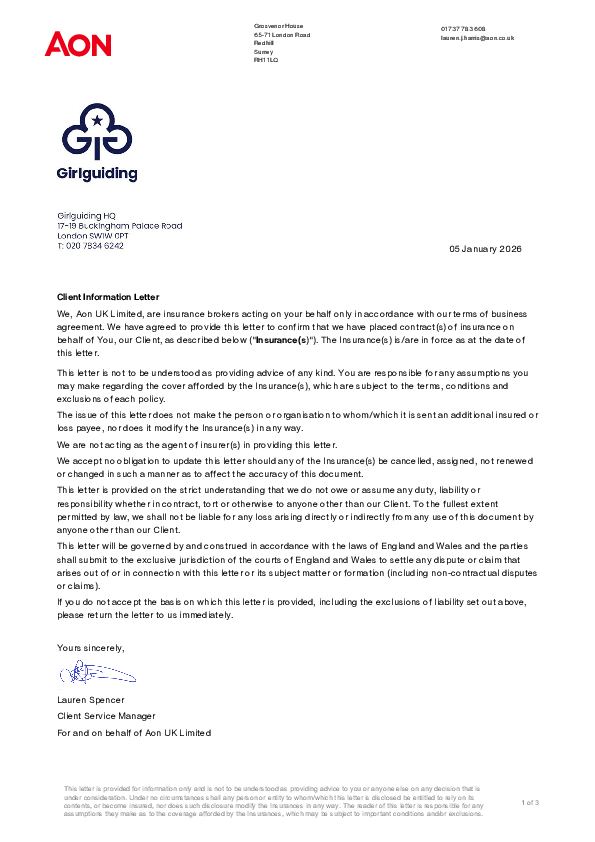 Girlguiding public liability insurance certificate 2026